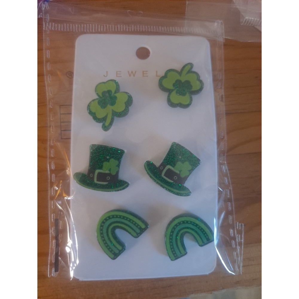 3 Pair Green St Patricks Day‎ Stud Acrylic Earrings, Shamrock, Top Hat, Rainbow